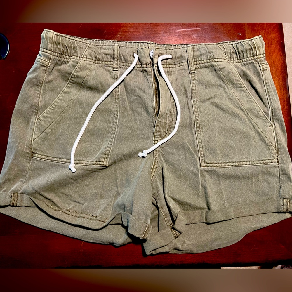 American Eagle Short Green Denim Jean Rope Tie Waist Pull on Paperbag Stretch